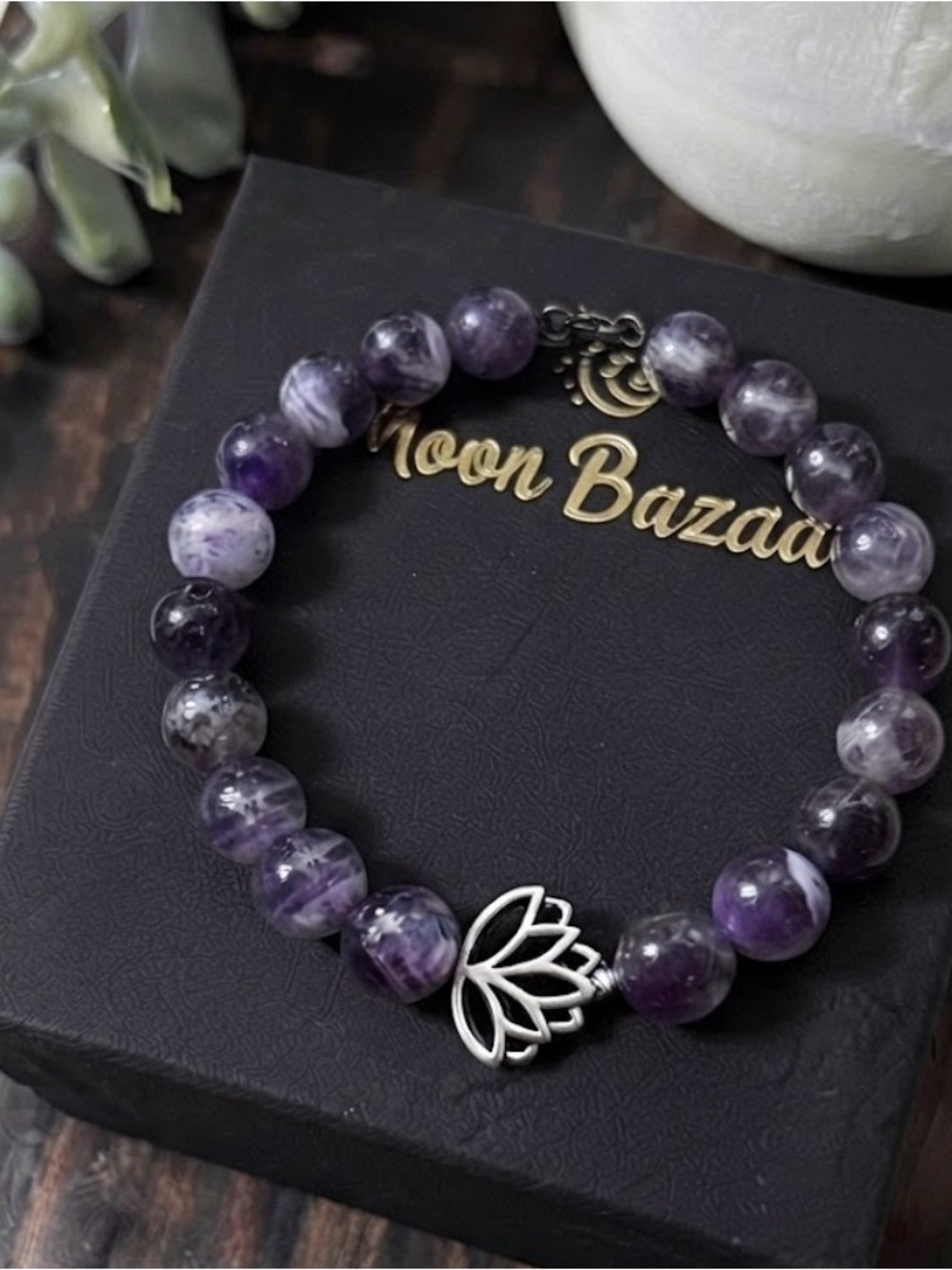 Amethyst Beaded Lotus Charm Bracelet Stretch Bracelet